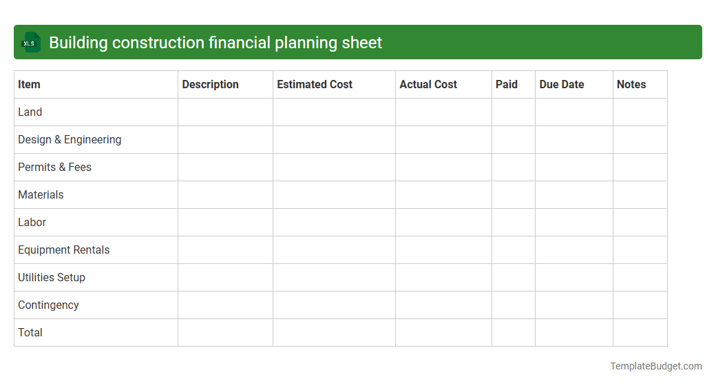 Building construction financial planning sheet