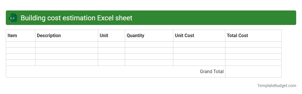 Building cost estimation Excel sheet