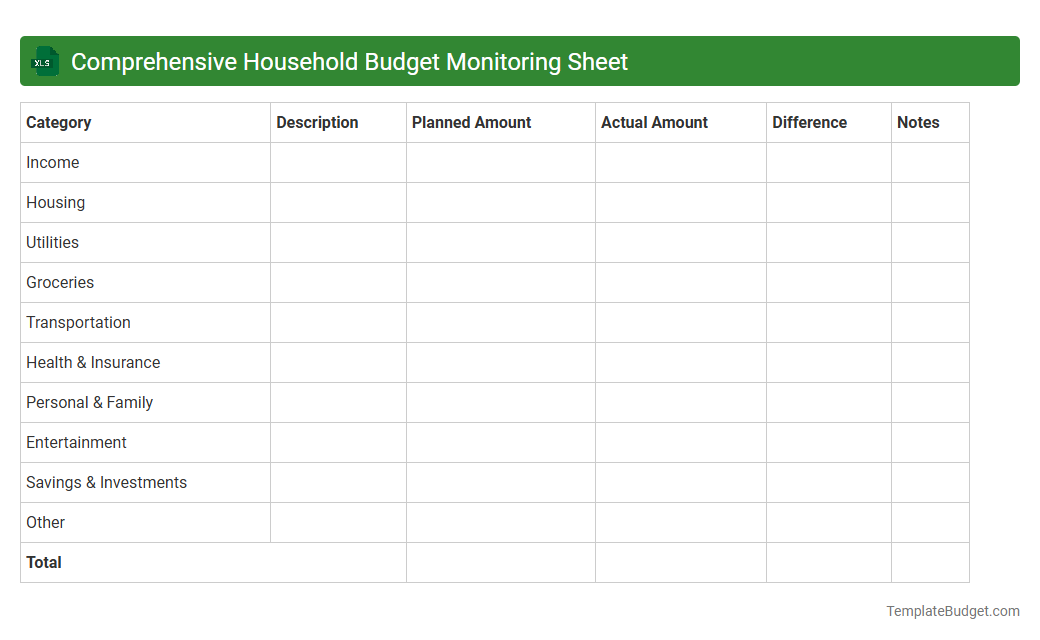 Comprehensive Household Budget Monitoring Sheet