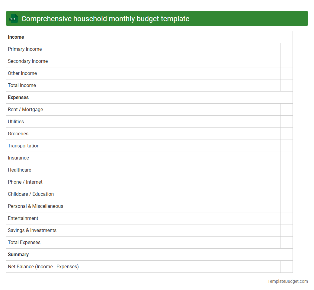 Comprehensive household monthly budget template