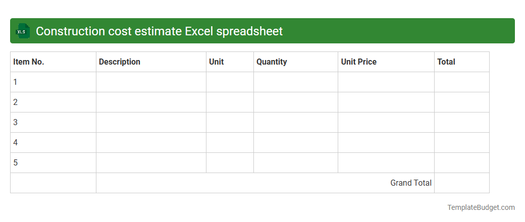 Construction cost estimate Excel spreadsheet