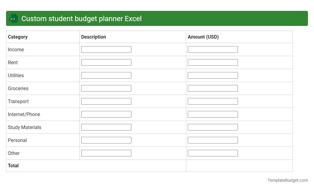 Custom student budget planner Excel