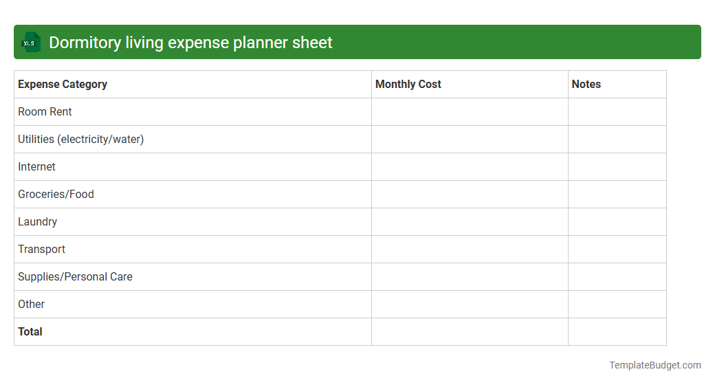 Dormitory living expense planner sheet