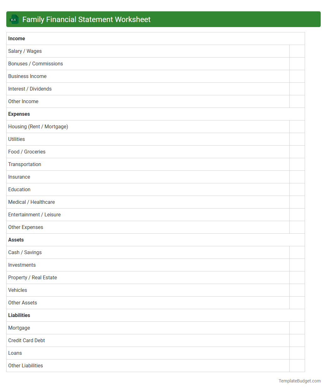 Family Financial Statement Worksheet