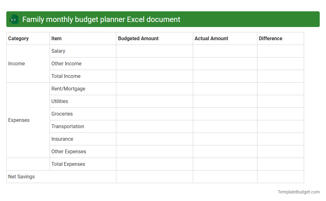 Family monthly budget planner Excel document