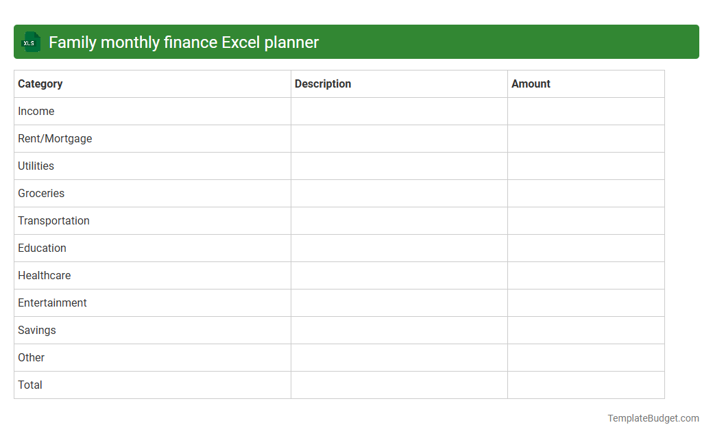 Family monthly finance Excel planner