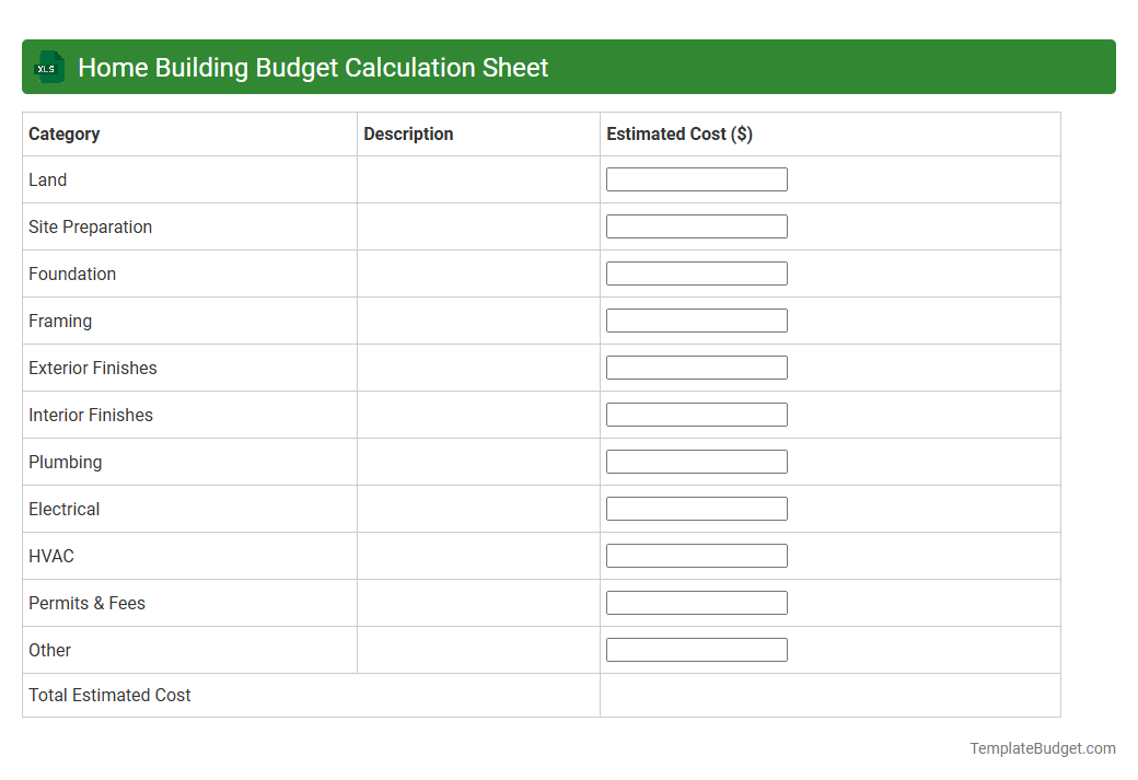 Home Building Budget Calculation Sheet