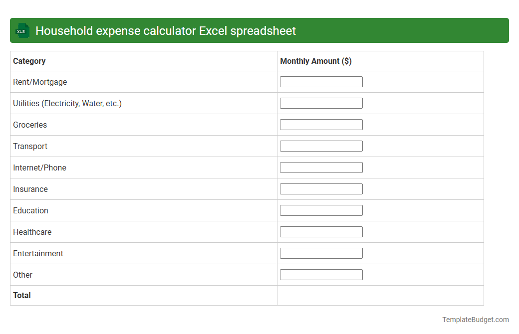 Household expense calculator Excel spreadsheet