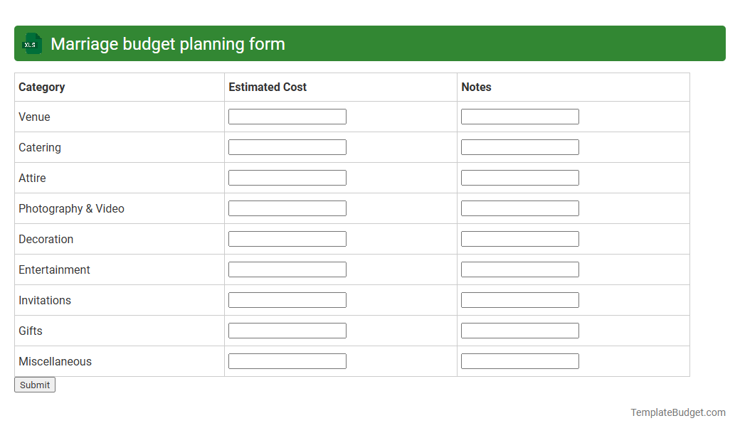 Marriage budget planning form
