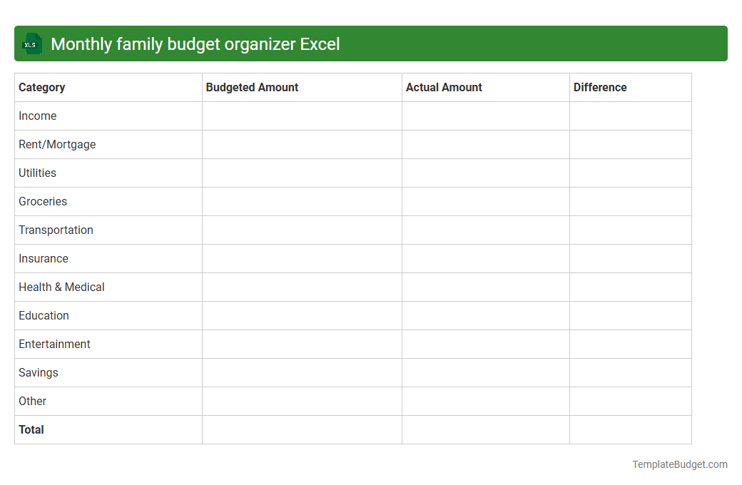 Monthly family budget organizer Excel
