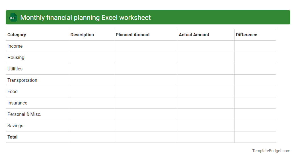 Monthly financial planning Excel worksheet