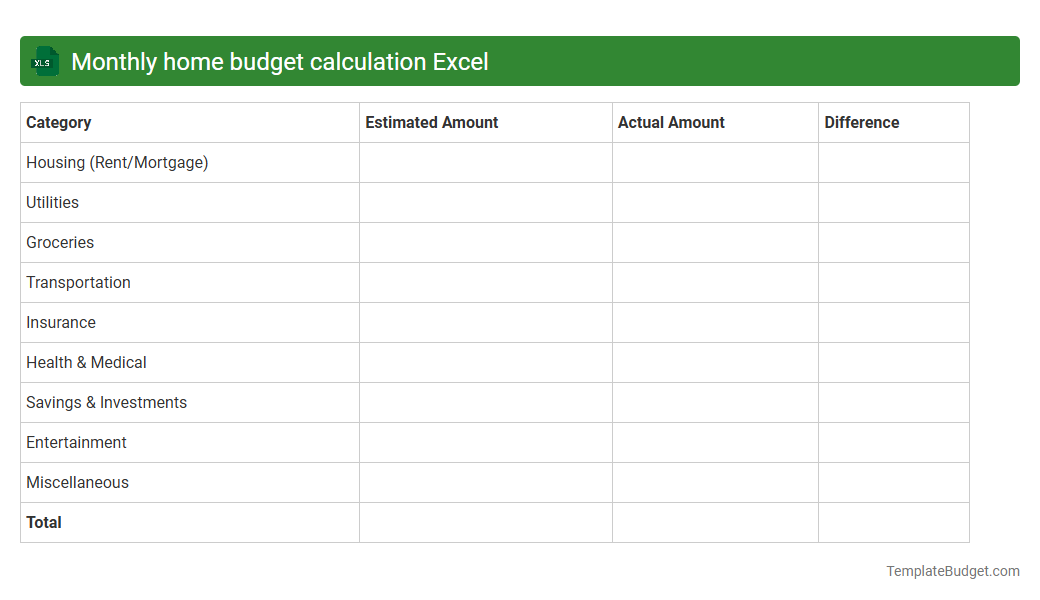 Monthly home budget calculation Excel