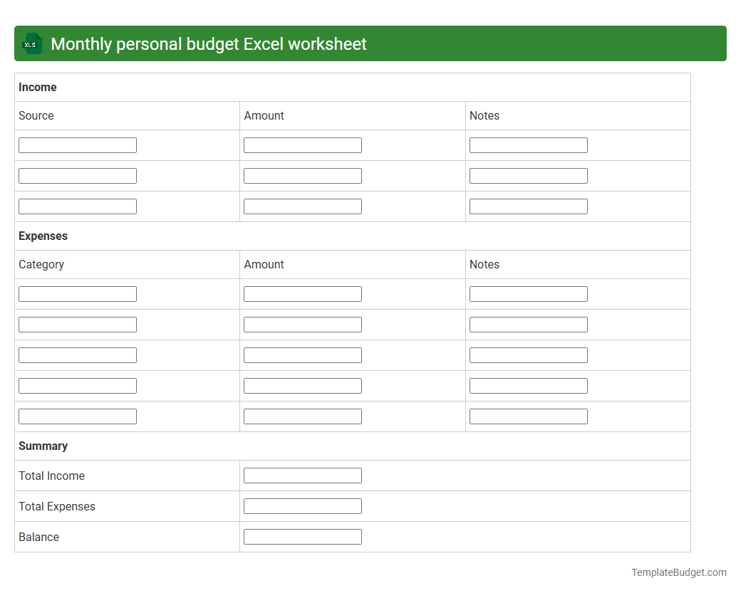 Monthly personal budget Excel worksheet