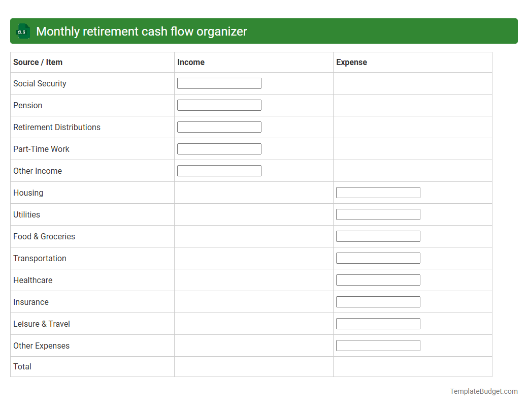 Monthly retirement cash flow organizer