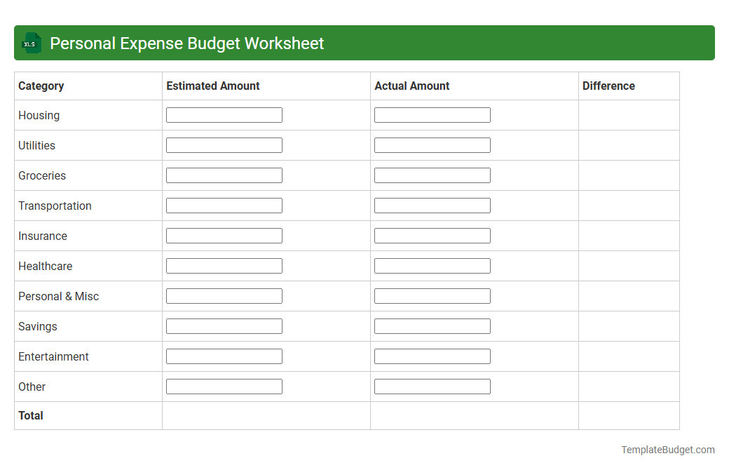 Personal Expense Budget Worksheet