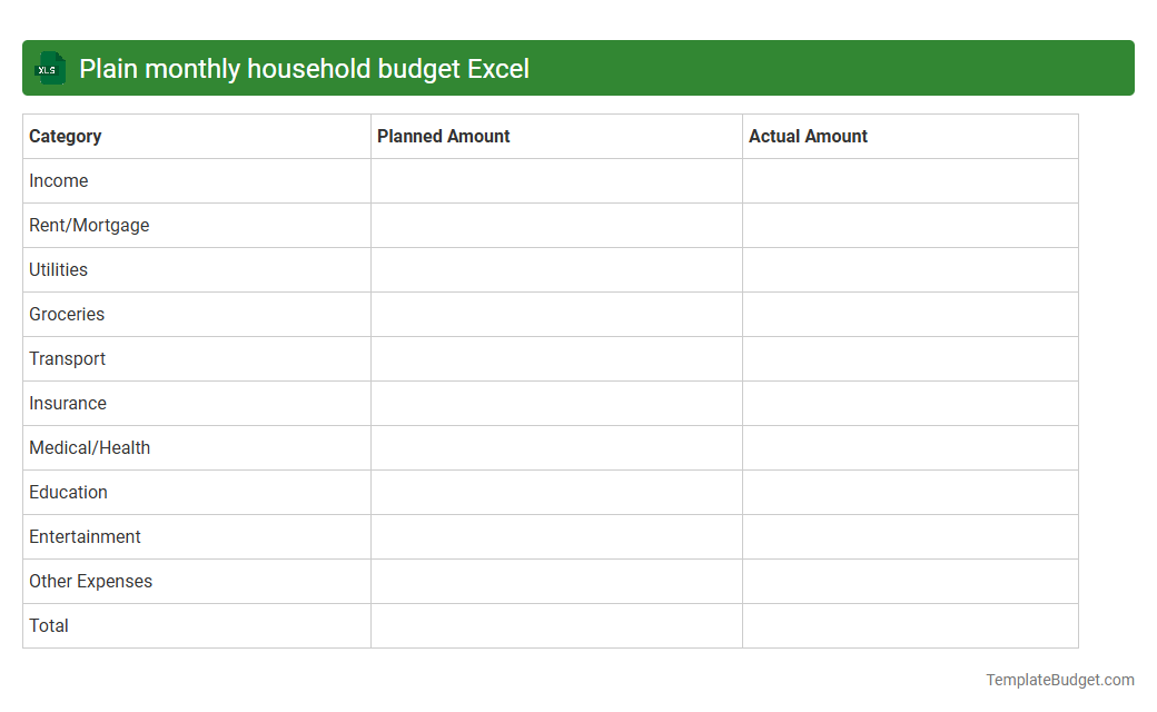 Plain monthly household budget Excel