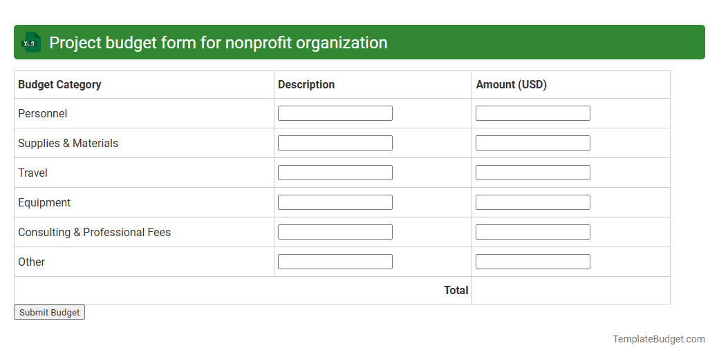 Project budget form for nonprofit organization