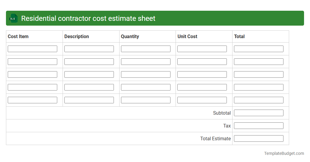 Residential contractor cost estimate sheet