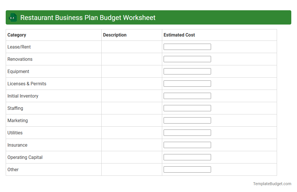 Restaurant Business Plan Budget Worksheet