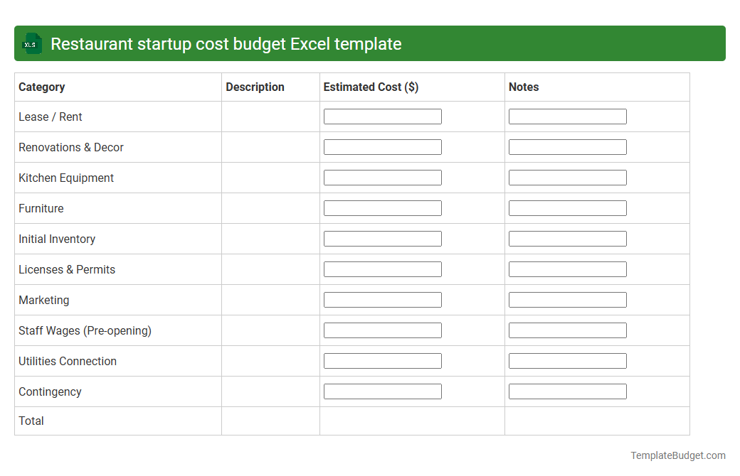 Restaurant startup cost budget Excel template