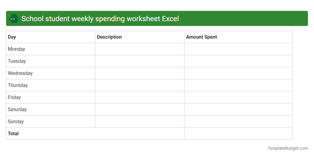 School student weekly spending worksheet Excel