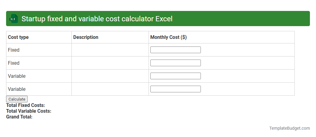 Startup fixed and variable cost calculator Excel