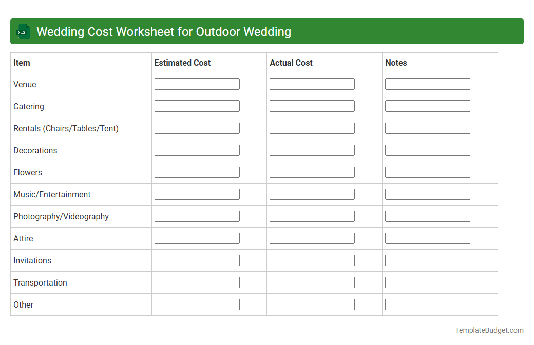 Wedding Cost Worksheet for Outdoor Wedding