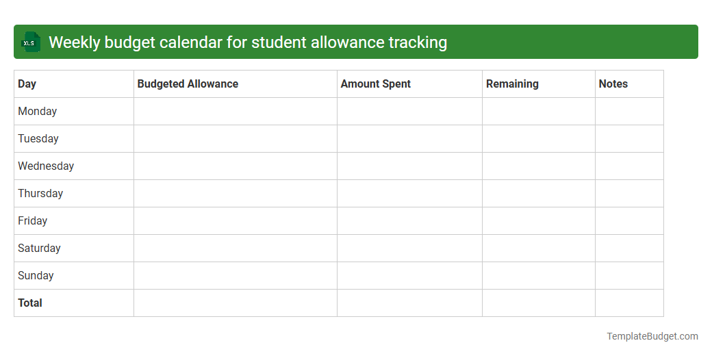 Weekly budget calendar for student allowance tracking
