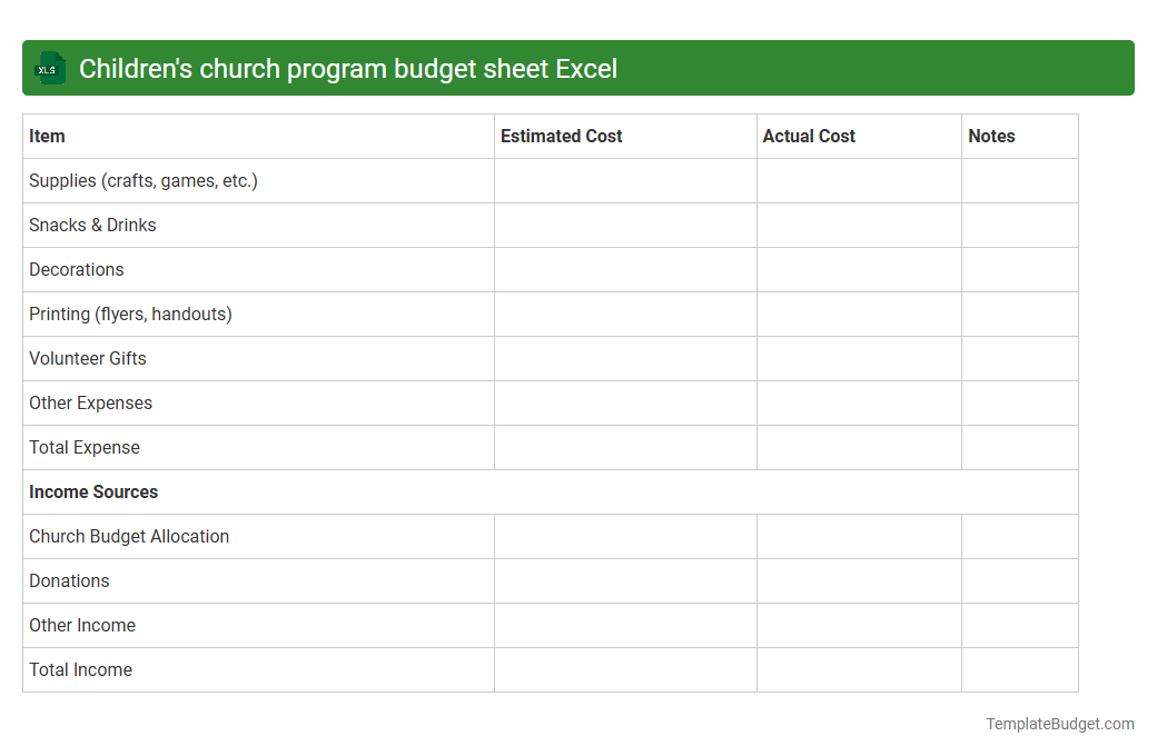 Children's church program budget sheet Excel