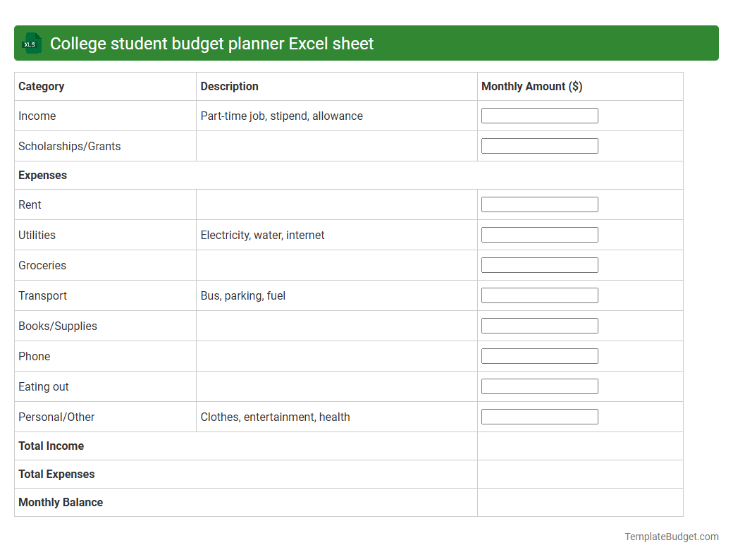 College student budget planner Excel sheet