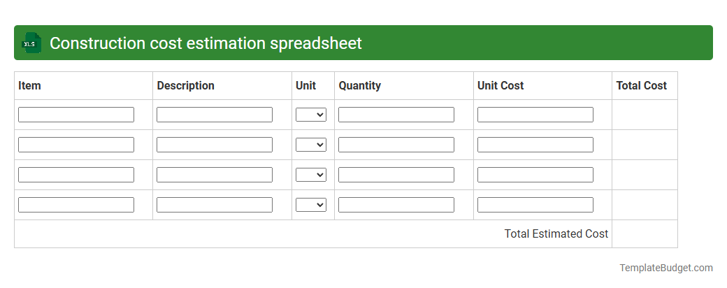 Construction cost estimation spreadsheet