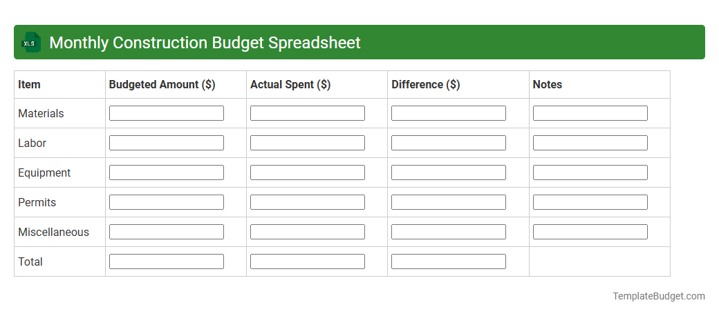 Monthly Construction Budget Spreadsheet
