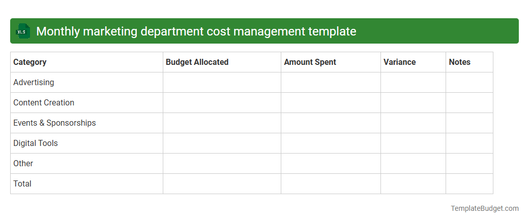 Monthly marketing department cost management template