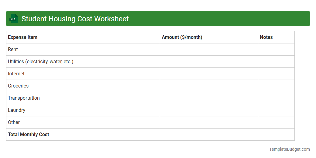 Student Housing Cost Worksheet