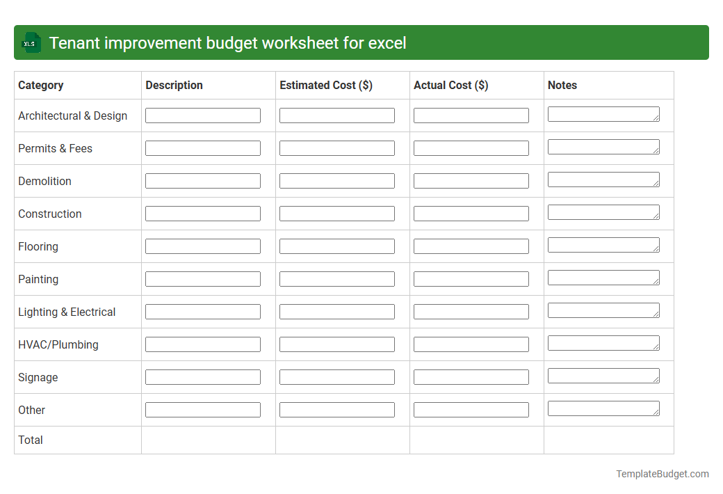 Tenant improvement budget worksheet for excel