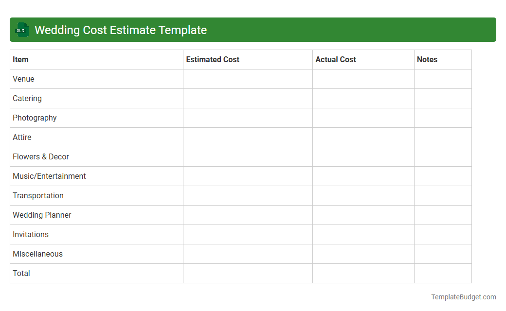 Wedding Cost Estimate Template