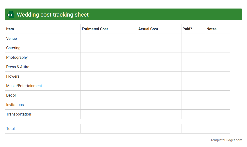 Wedding cost tracking sheet
