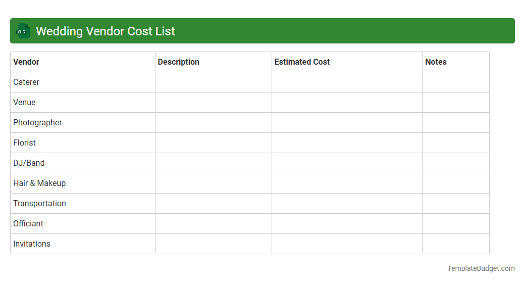 Wedding Vendor Cost List