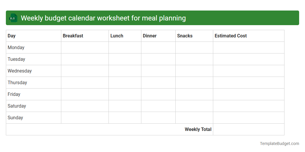 Weekly budget calendar worksheet for meal planning