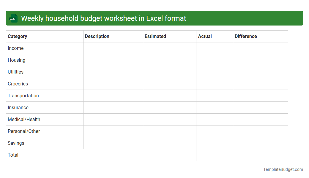 Weekly household budget worksheet in Excel format