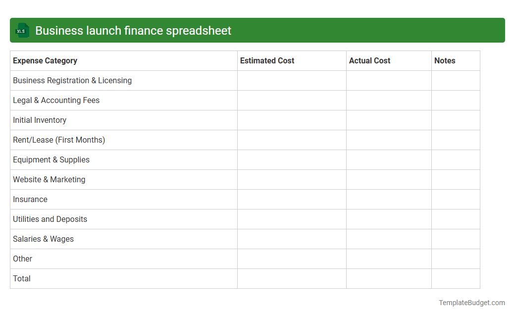 Business launch finance spreadsheet