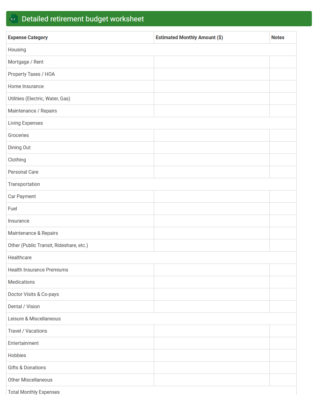 Detailed retirement budget worksheet