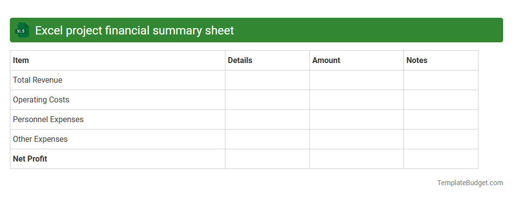 Excel project financial summary sheet