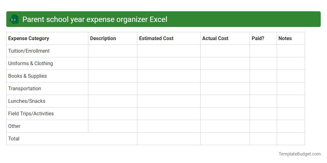 Parent school year expense organizer Excel