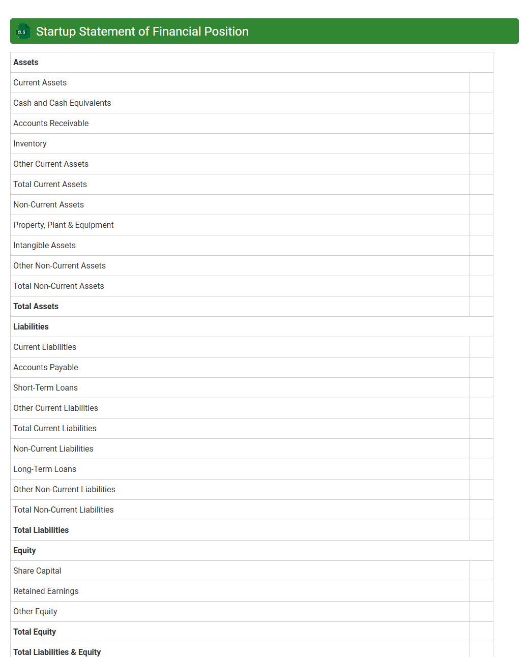 Startup Statement of Financial Position