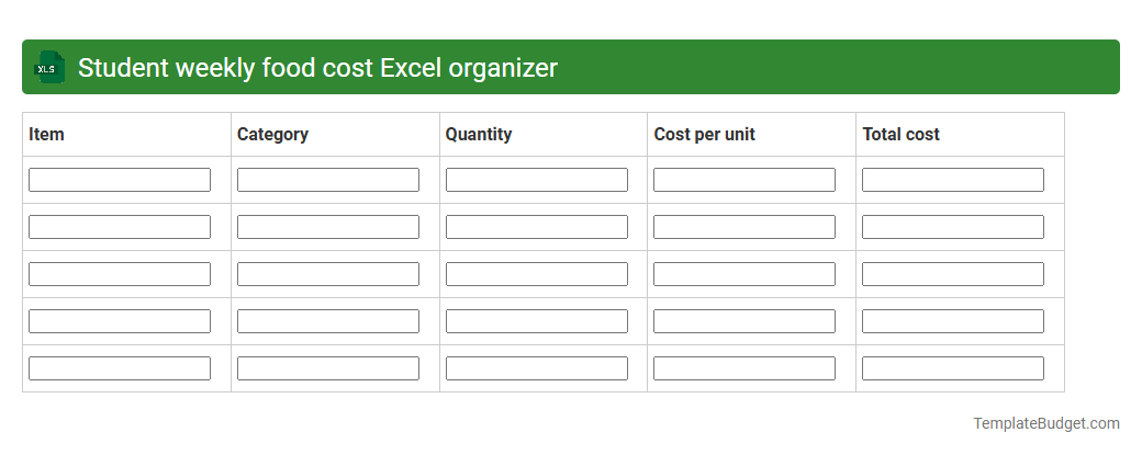 Student weekly food cost Excel organizer