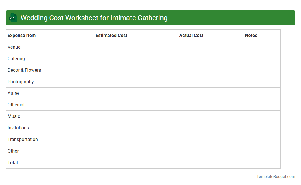 Wedding Cost Worksheet for Intimate Gathering
