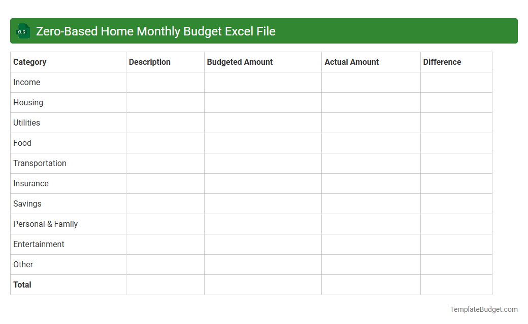 Zero-Based Home Monthly Budget Excel File