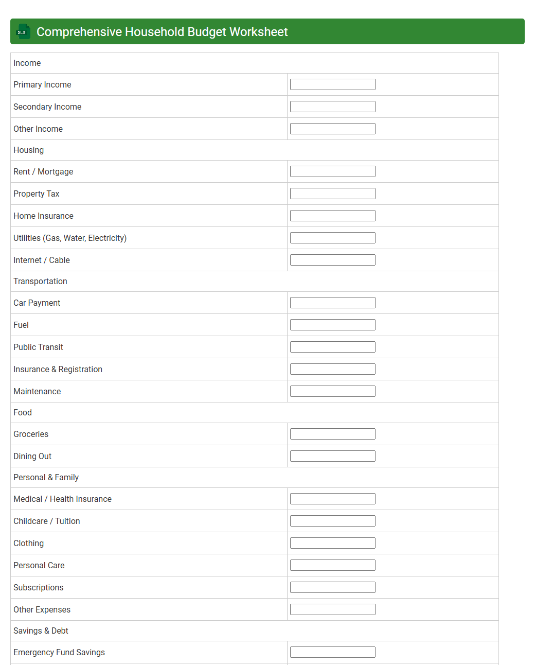 Comprehensive Household Budget Worksheet