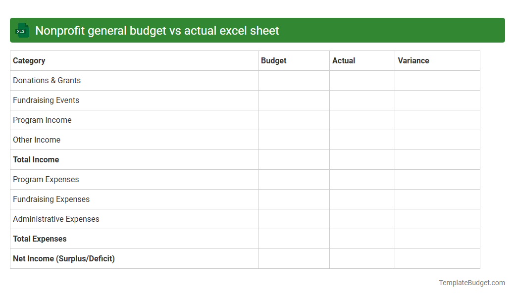 Nonprofit general budget vs actual excel sheet